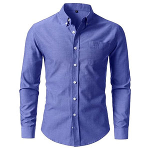 Camisa de Manga Larga Ligera Informal para Hombre, Camisa de Vestir Azul Oxford Transpirable de Corte Entallado con Bolsillo en el Pecho y Cuello con Botones - Product Image 1