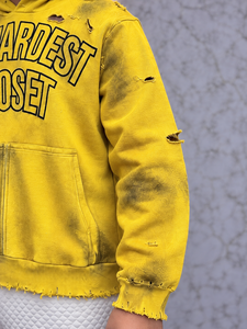 เสื้อฮู้ดดี้ผู้ชายสีเหลืองทรงหลวมสไตล์วินเทจ ยี่ห้อ The Hardest Closet  แบบฟอกสีทำเก่า ปักลาย  แบบ Dirty Wash - Product Image 4