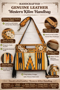 Bolso de Hombro Vintage de Cuero Grabado a Mano Estilo Western para Mujer con Tela Kilim y Correa de Cuero Geométrica, Estilo Boho Vaquero, Ideal para Verano - Product Image 3