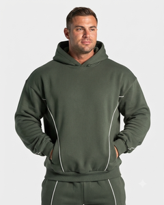 Wholesale Men's Green <b>Oversized</b> Contrastline Custom Tracksuit Set Premium Quality Cotton Fleece Hoodie & Wide Leg <b>Sweatpants</b> - Product Image 3