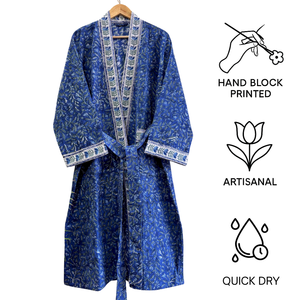 Peignoirs en coton gaufré artisanal bleu marine à motifs floraux, faits à la main en Inde, écologiques, pour femmes, pour la plage et le spa - Product Image 3