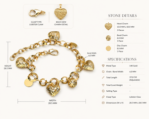ELVORA GEMS สร้อยข้อมือโซ่หัวใจชุบทอง 14K ตัวล็อคแบบก้ามปูปรับความยาวได้สไตล์น่ารักของขวัญสำหรับทุกเพศเครื่องประดับ - Product Image 4