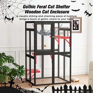 Gothique Feral Cat Shelter Outdoor Sunshine Board Off-Ground Door Jumping Platforms Indoor Kitty Window Kennel for Multiple Cats - Product Image 1