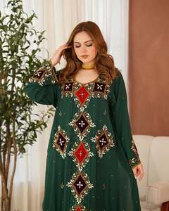 Awais House Women's Maroon Polyester Floor Length <b>Abaya</b> Beaded Embroidery V Neck Long Sleeve Stretchable Elegant <b>Wedding</b> Party - Product Image 1