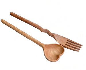 Ensemble cuillère et fourchette en bois fait main, design minimaliste, écologique, pour le camping, les événements hôteliers et les mariages - Product Image 1