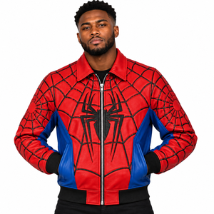 Chaqueta bomber de cuero PU con temática de Spider-Man para hombre, en rojo y azul con cierre de cremallera y cuello vuelto. - Product Image 1