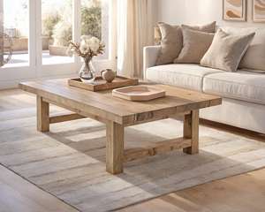 Table basse rustique en bois massif avec plateau rectangulaire épais, structure de support robuste et finition en bois naturel pour salon - Product Image 4