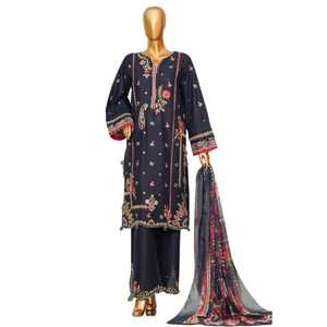 En gros, Ensembles 3 pièces pour femmes, Salwar Kameez pakistanais en tissu Lawn avec broderie au col, Salwar uni en tissu Lawn et Dupatta, style décontracté d'été - Product Image 1