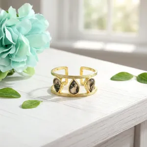 Anillo Ajustable de Moda para Mujer con Gema Natural de Ágata Musgosa en Forma de Pera, Chapado en Oro de 18k, Latón Antideslustre, Joyería Más Vendida - Product Image 6