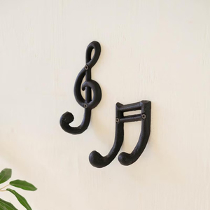 Juego de ganchos de pared musicales con forma de clave de sol de hierro fundido, con puntas resistentes con acabado de recubrimiento de polvo negro texturizado, para almacenamiento decorativo - Product Image 1