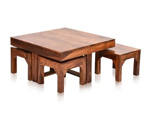 Table basse en bois massif artisanale |   Table basse en bois gain de place avec 4 tabourets |   Ensemble de table basse 5 pièces - Product Image 2