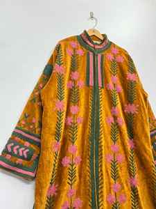 Mustard Velvet Embroidered Long <b>Robe</b> with Floral Thread Work Side Seam Pockets 100% Cotton Quick <b>Dry</b> Breathable-Spring Summer - Product Image 4