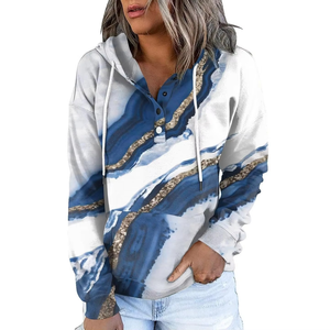 Sweat-shirt décontracté à manches longues pour femme, à boutons, imprimé, avec poches, motif marbré bleu et blanc - Product Image 1