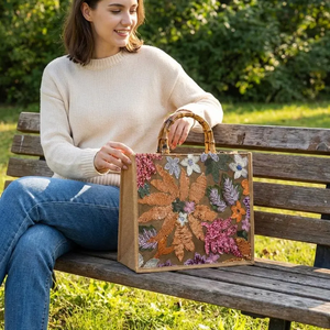 Floral <b>Sequin</b> Embroidered Linen Tote Bag | Natural Bamboo Handle Tote Bags by whimsy <b>Art</b> Craft - Product Image 4