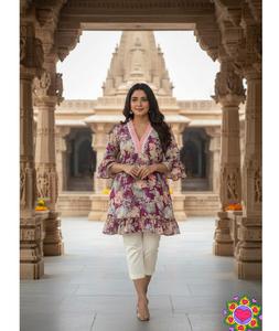 Túnica india informal y de uso diario de poliéster y rayón con estampado, kurtis cortos con precio bajo y tallas grandes disponibles, kurtis estampados. - Product Image 1