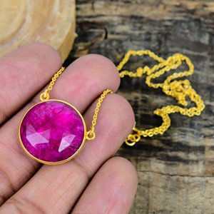 Natural Dyed <b>Ruby</b> Round Shape Charm Gemstone Chain <b>Necklace</b> 18k Gold Micron Over 925 Sterling Silver - Product Image 4
