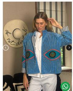 เสื้อเบลเซอร์คอจีนปักลายตาปีศาจสีน้ำเงินกำมะหยี่ แขนยาว สำหรับผู้หญิง ฤดูใบไม้ร่วง ขายส่ง B2B - Product Image 2