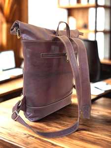 Grey Genuine Leather <b>Backpack</b> with Brown Leather Roll Top <b>Backpack</b> Bags Strap Buckle Business Casual Design Compartment <b>Backpack</b> - Product Image 3