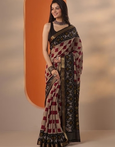 Sari beige imprimé en tissu mélangé pour femme KV avec chemisier non cousu - Product Image 6