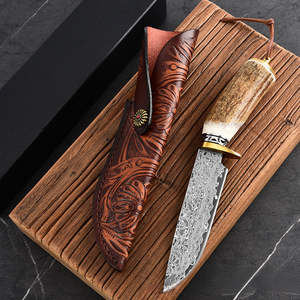 Couteau à lame fixe en acier Damas, manche en bois, étui en cuir, personnalisable OEM, qualité industrielle, survie en plein air, camping, chasse - Product Image 1