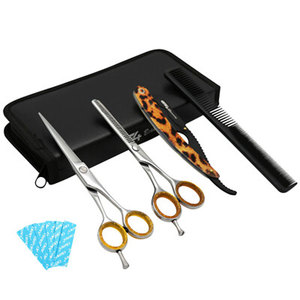 Kit de tijeras profesionales de peluquería y barbería de acero inoxidable con tijeras de corte, tijeras de entresacar, cuchilla estriada y estuche. - Product Image 1