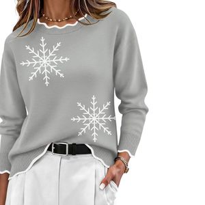 Suéter de Punto Gráfico con Motivo de Copo de Nieve para Mujer, Mezcla de Lana Gris, Cuello Redondo, Manga Larga, Informal, de Invierno - Product Image 3