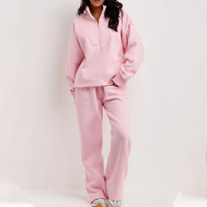 Ensemble de survêtement rose pour femme, demi-zip, manches longues, coupe ample, couleur unie, décontracté, pour l'automne, avec poches latérales - Product Image 2