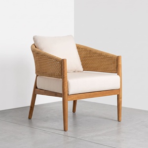 Teak Wood <b>Rattan</b> Armchair Handwoven Backrest Cushioned Lounge Seating for Hotel Resort Villa Restaurant Hospitality Furniture - Product Image 1