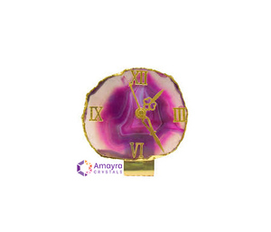 Natural Agate PINK Color Gemstone Coaster <b>Clock</b> Crystal Slice Golden Border Plated Polished Waterproof Mascot Home Decor Gujarat - Product Image 4