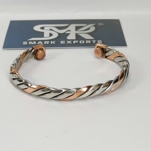 Trendy Metal Craft Magnetic Copper Cuff Bracelet Twisted Two Tone Design Adjustable Open <b>Bangle</b> Handmade - Product Image 3