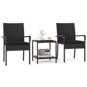 Set da bistrot in vimini PE nero a 3 pezzi con tavolino a 2 livelli in vetro temperato e sedie da esterno - Product Image 1