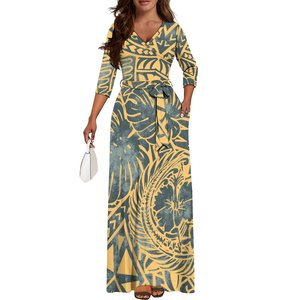 Vestido Hawaiano con Estampado de Islas del Pacífico, Estilo Veraniego para Mujer, Maxi Vestido con Cinturón, Cuello en V, Manga 3/4, Talla Grande, Estilo Samoano - Product Image 4