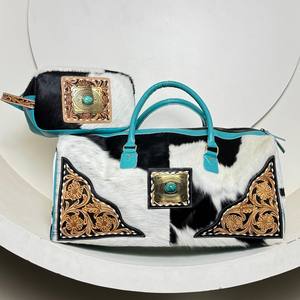 2025 New Design Luxury Tooled Leather Duffle <b>Bag</b> & <b>toiletry</b> <b>Bag</b> Set for <b>Women</b> High Quality Genuine Cowhide Leather 2 piece Set - Product Image 4