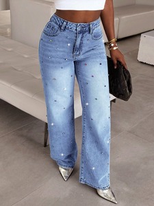 Jean en denim pour femme, taille mi-haute, coupe droite large, 100% coton, séchage rapide, respirant, fermeture boutonnée – Meilleures ventes hiver - Product Image 3