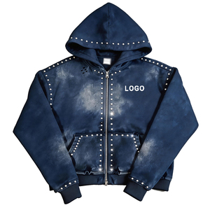 Sweat-shirt à capuche zippé pour homme, style punk, avec clous et strass, en similicuir, streetwear, coupe oversize, mode gothique - Product Image 1