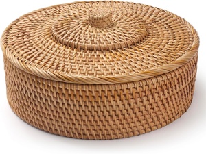 ถาดเก็บของทรงกลมหวายแท้ทำมือพร้อมฝาปิด |   ตะกร้าขนมปังและผลไม้แบบทอพร้อมฝาปิด - Product Image 3