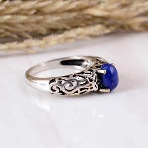 Handmade 925 Sterling <b>Silver</b> Blue Lapis Lazuli Bezel Setting Vintage Boho Leaf Filigree Wedding Party <b>Statement</b> <b>Ring</b> - Product Image 2