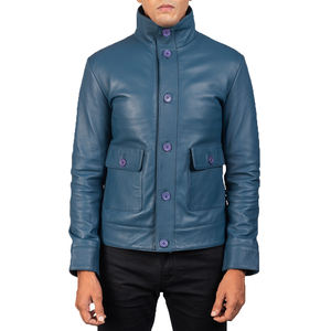 Veste en cuir PU bleu pour homme, col rabattu, fermeture éclair, style motard haut de gamme, imperméable, coupe-vent, veste d'hiver tendance - Product Image 4