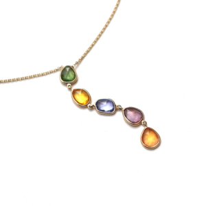 Collier en Y en or jaune massif 14 carats avec saphirs multicolores naturels à taille mixte – Chaîne à pendentifs en pierres précieuses en forme de poire et d'ovale serties clos - Product Image 2