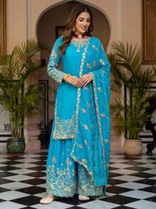 Elegante Ropa Étnica de Seda Chinon con Bordado de Secuencia Codificada para Mujer - Product Image 2