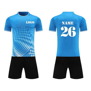 Ensemble de maillot de football sublimé, imprimé géométrique bleu, manches courtes, col rond, évacuation de l'humidité, uniforme pour homme adulte - Product Image 1