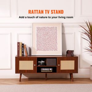 Mobile TV in Stile Mid-Century Modern, Mobile TV Boho in Rattan per TV da 55 Pollici, Ripiani Regolabili, Tavolo TV Livi - Product Image 2