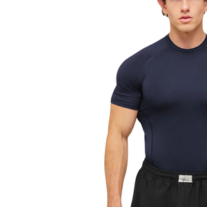 Haut de compression pour homme à col rond et manches raglan courtes, à bandes tonales, séchage rapide, en polyester, coupe ajustée, pour marque privée - Product Image 5