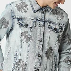 Fashion Streetwear Ripped Oversized Mens <b>Stand</b> Eco-Friendly Garment Dyed Denim Jacket Printed Distressed Bulk High Quality - Product Image 6