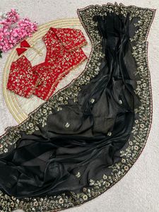 Sari en soie de créateur exclusif, élégant, avec chemisier chic, tendance, ethnique, dernier cri, pour mariée, indien, modeste, pour soirée, pour femme - Product Image 2