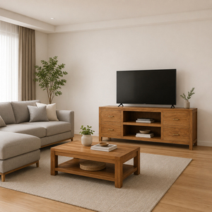 Meuble TV scandinave en teck massif Niwara, console de divertissement haut de gamme avec 4 tiroirs et 2 étagères pour salon - Product Image 5