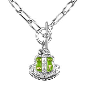 Silver Shield Pendant Toggle <b>Necklace</b> with Green Enamel Detail Link Chain Decorative Crest Charm Women Fashion Jewelry <b>Statement</b> - Product Image 6