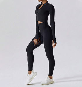 Ensemble de yoga 3 pièces pour femme : haut court à manches longues, leggings taille haute, séchage rapide, respirant, vêtements de sport actifs, avec fermeture éclair sur les manches - Product Image 6