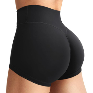 Shorts de sport taille haute noirs lisses sans coutures élastiques pour femmes, effet push-up fessier - Product Image 1