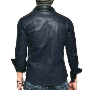 Men's Black Leather Long Sleeve <b>Button</b> Down <b>Shirt</b> leather Solid Color Turn-down Collar Full Sleeve Autumn Wear - Product Image 3